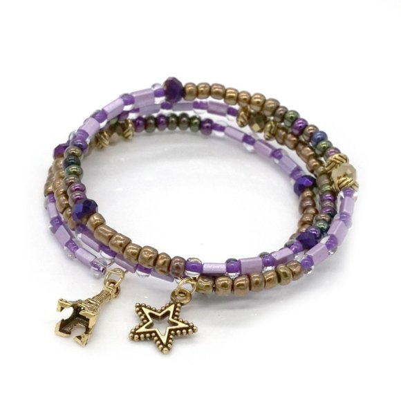 My Bead Emporium Jewelry - Bracelet Memory Wire Dual Charms Purple Gold